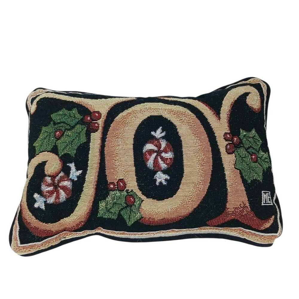 Vintage Mary Engelbreit Christmas Tapestry Pillow JOY 12" x 7" Peppermint